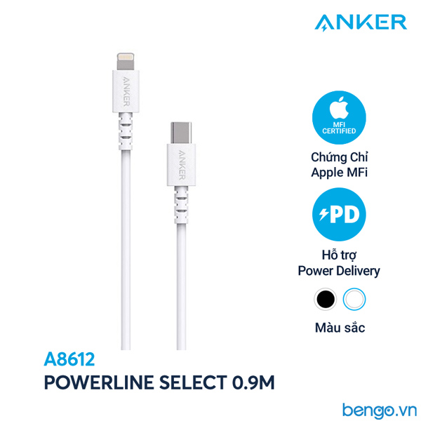 Cáp điện thoại Anker PowerLine Select Lightning to USB-C MFi dài 0.9m - A8612