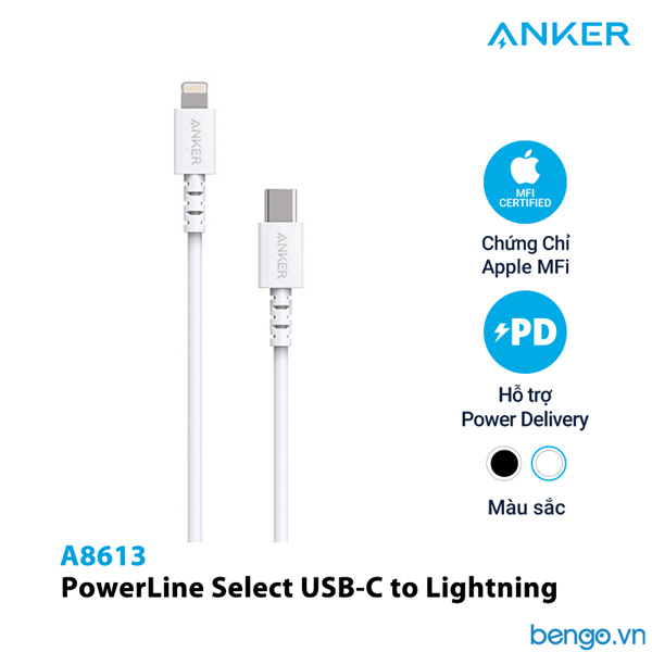 Cáp điện thoại Anker PowerLine Select USB-C to Lightning MFi dài 1.8m - A8613