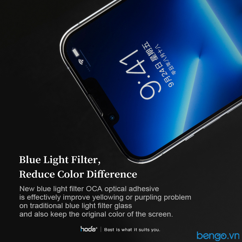 Dán cường lực iPhone 13/13 Pro HODA 2 in 1 Chống ánh sáng xanh, chống vân tay kèm khung dán