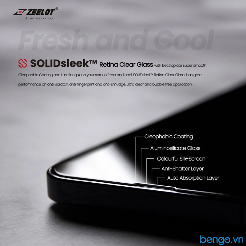 Dán cường lực iPhone 13 Pro Max ZEELOT SOLIDsleek Retina Clear kèm Kit dán