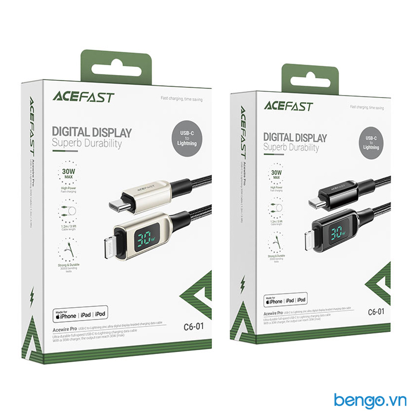 Cáp ACEFAST USB-C to Lightning MFi Màn hình kỹ thuật số LED dài 1.2m - C6-01