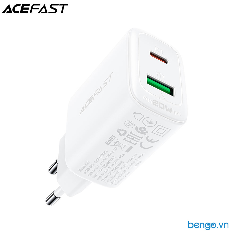 Sạc nhanh ACEFAST A25 PD3.0 20W 2 cổng USB-C+USB-A (EU)