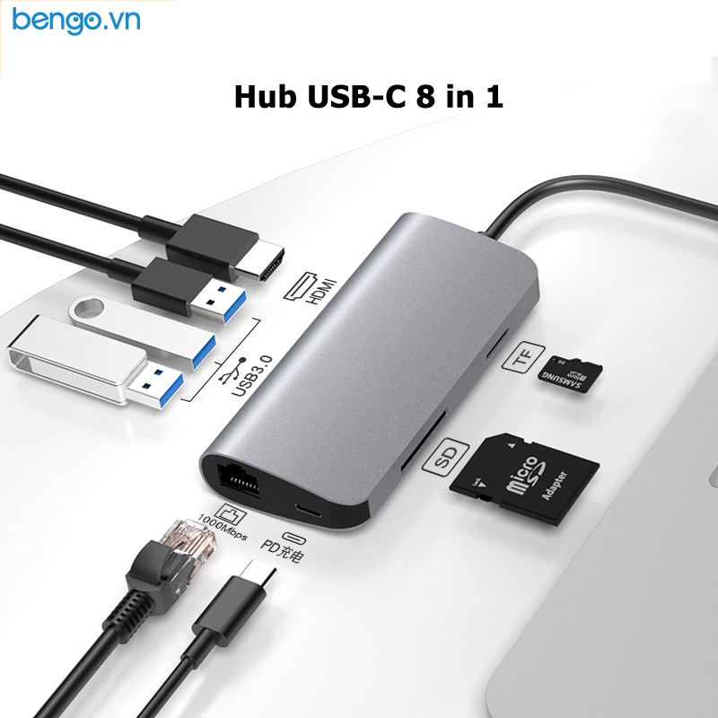 Hub USB-C 8 in 1 HDMI+LAN+USB-A 3.0 x 3+PD+thẻ SD và TF
