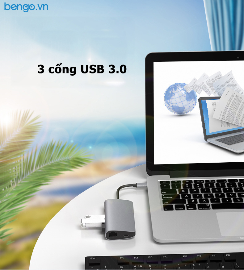 Hub USB-C 8 in 1 HDMI+LAN+USB-A 3.0 x 3+PD+thẻ SD và TF