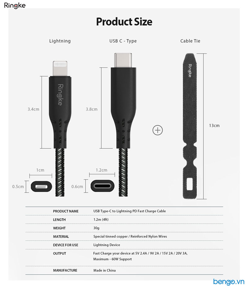 Cáp sạc nhanh RINGKE USB-C to Lightning chuẩn MFi