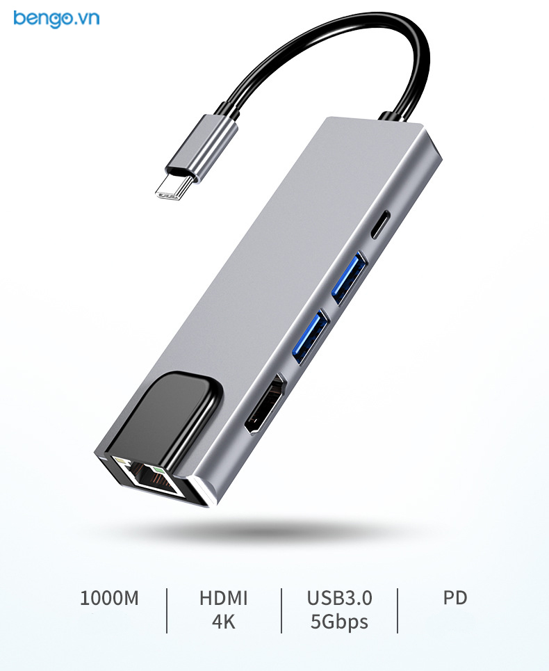 Cáp chuyển USB-C qua 2 cổng USB 3.0/HDMI/LAN/Type-C
