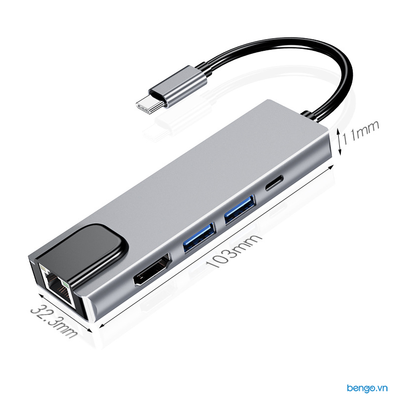 Cáp chuyển USB-C qua 2 cổng USB 3.0/HDMI/LAN/Type-C