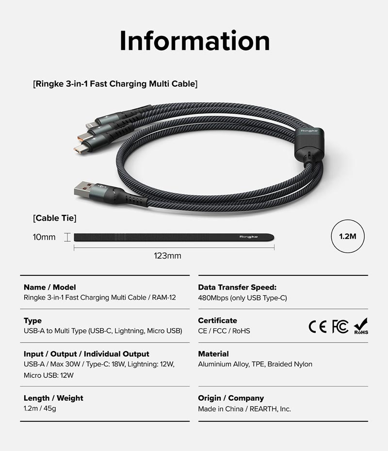 cáp sạc nhanh đa năng ringke 3-in-1 fast charging multi cable