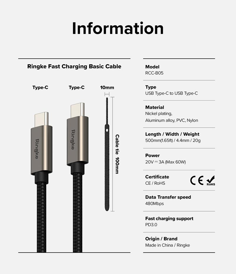 cáp sạc nhanh ringke fast charging basic cable c-to-c